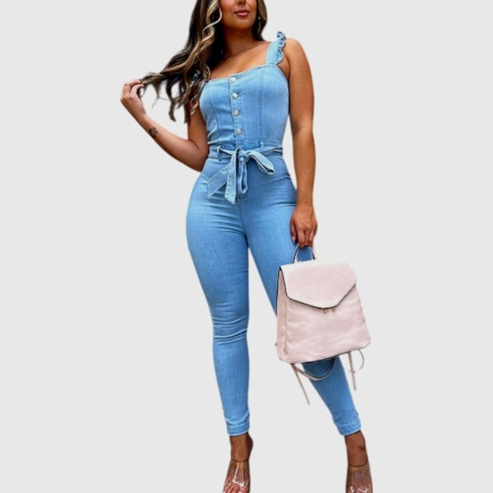 Denim Blvd Los Angeles Ruffle strap Tie belt sexy skinny jean Jumpsuit size Lg